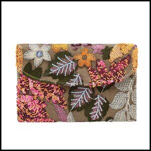 Floral Embroidered Clutch Evening Bag Sparkly Sequins Envelope Party Purse